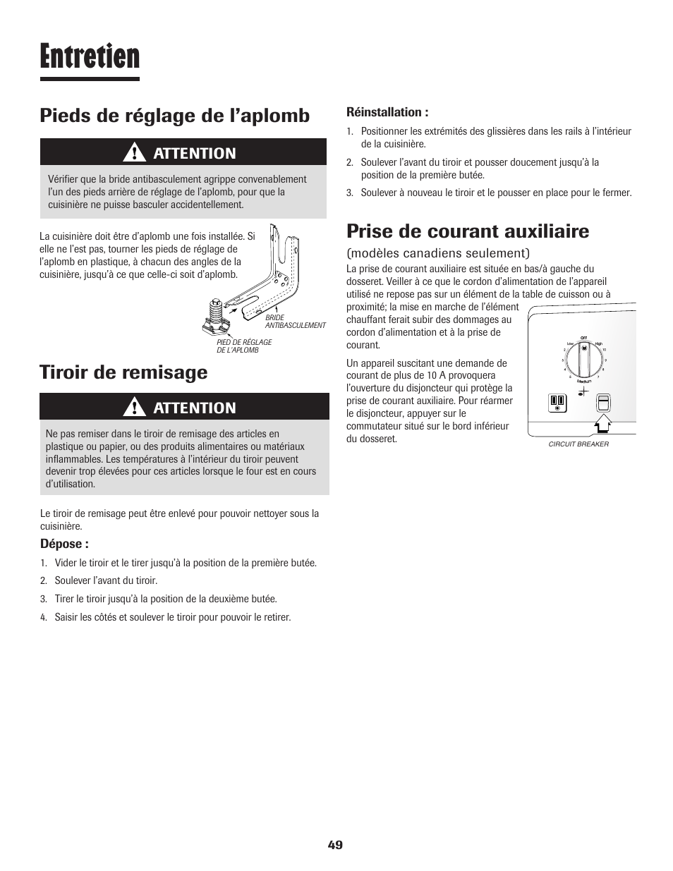 Entretien, Tiroir de remisage, Prise de courant auxiliaire | Pieds de réglage de l’aplomb, Attention | Maytag JW9633 User Manual | Page 50 / 80