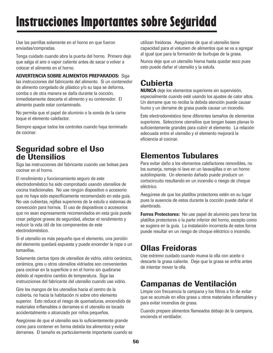 Instrucciones importantes sobre seguridad, Seguridad sobre el uso de utensilios, Cubierta | Elementos tubulares, Ollas freidoras, Campanas de ventilación | Maytag JW9633 User Manual | Page 57 / 80