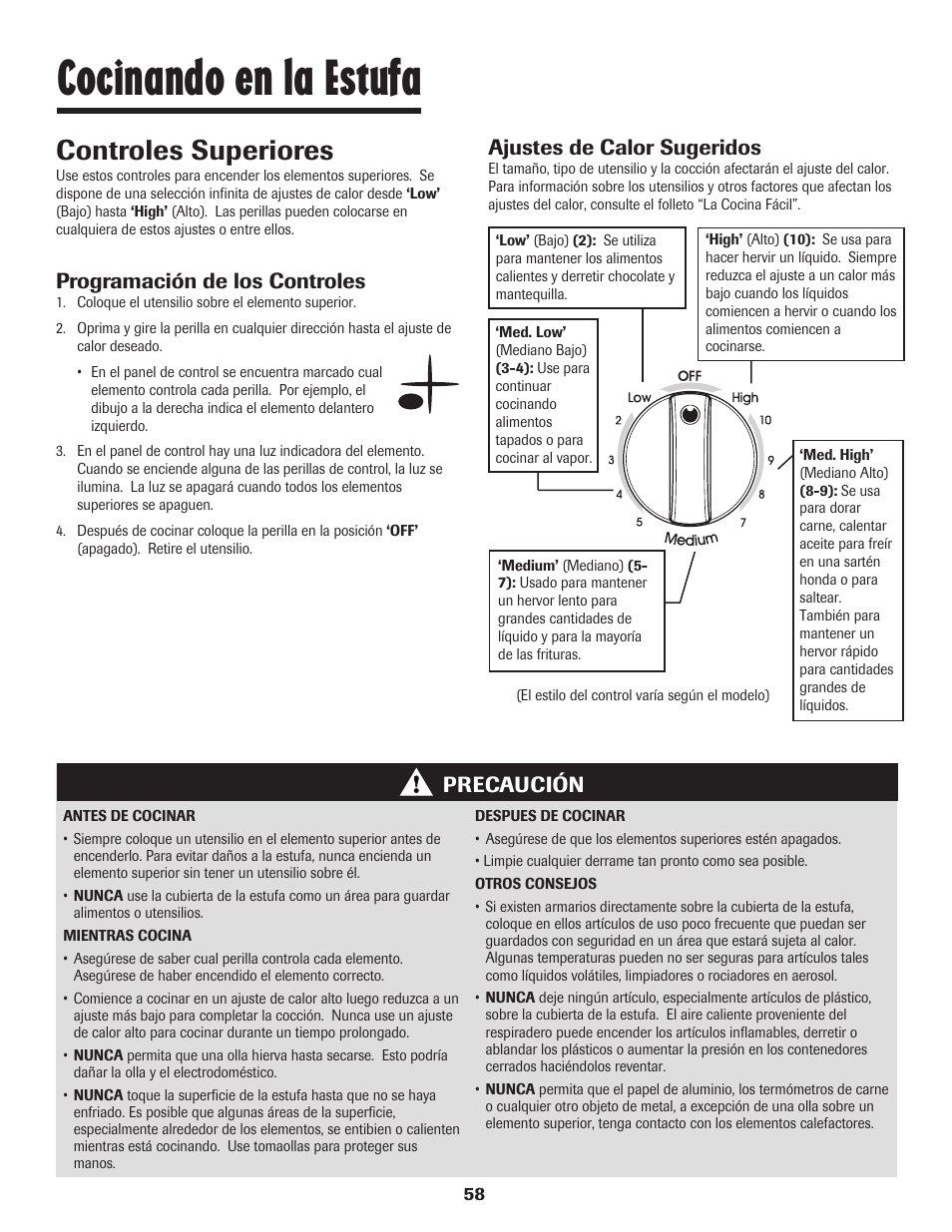 Cocinando en la estufa, Controles superiores, Programación de los controles | Precaución, Ajustes de calor sugeridos | Maytag JW9633 User Manual | Page 59 / 80