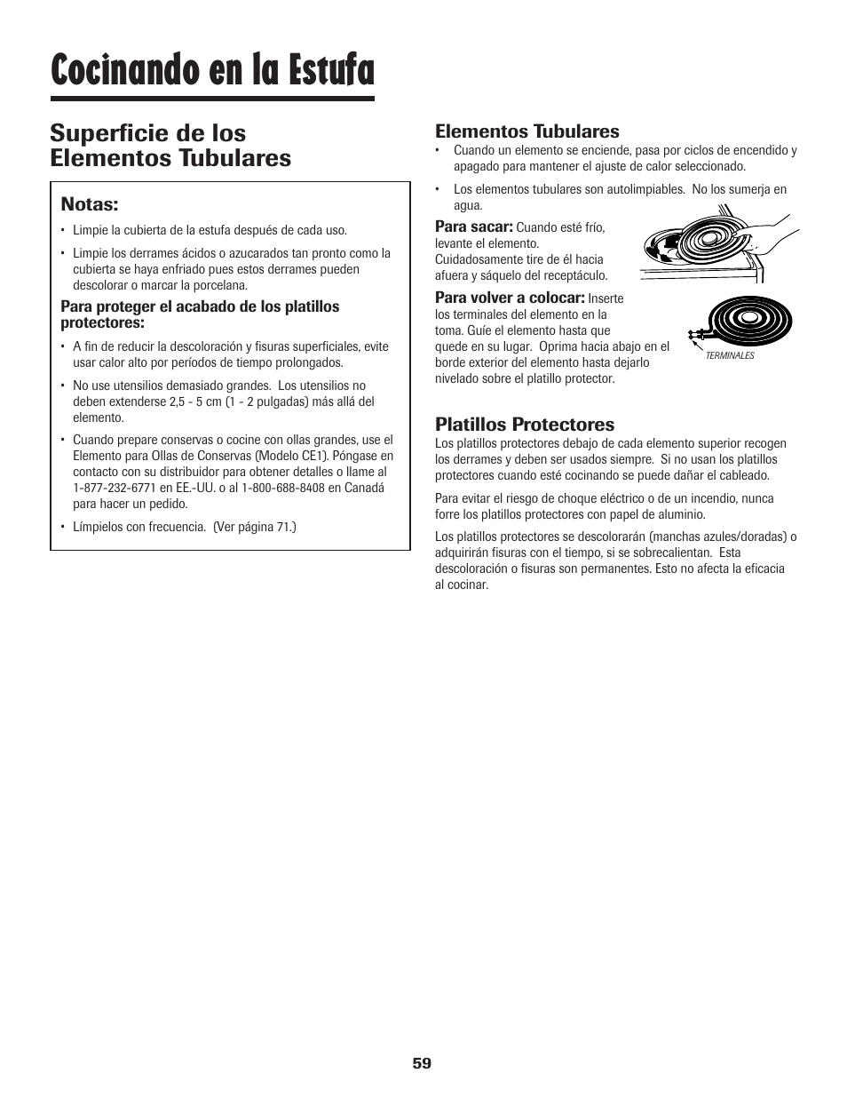 Cocinando en la estufa, Superficie de los elementos tubulares, Elementos tubulares | Platillos protectores, Notas | Maytag JW9633 User Manual | Page 60 / 80