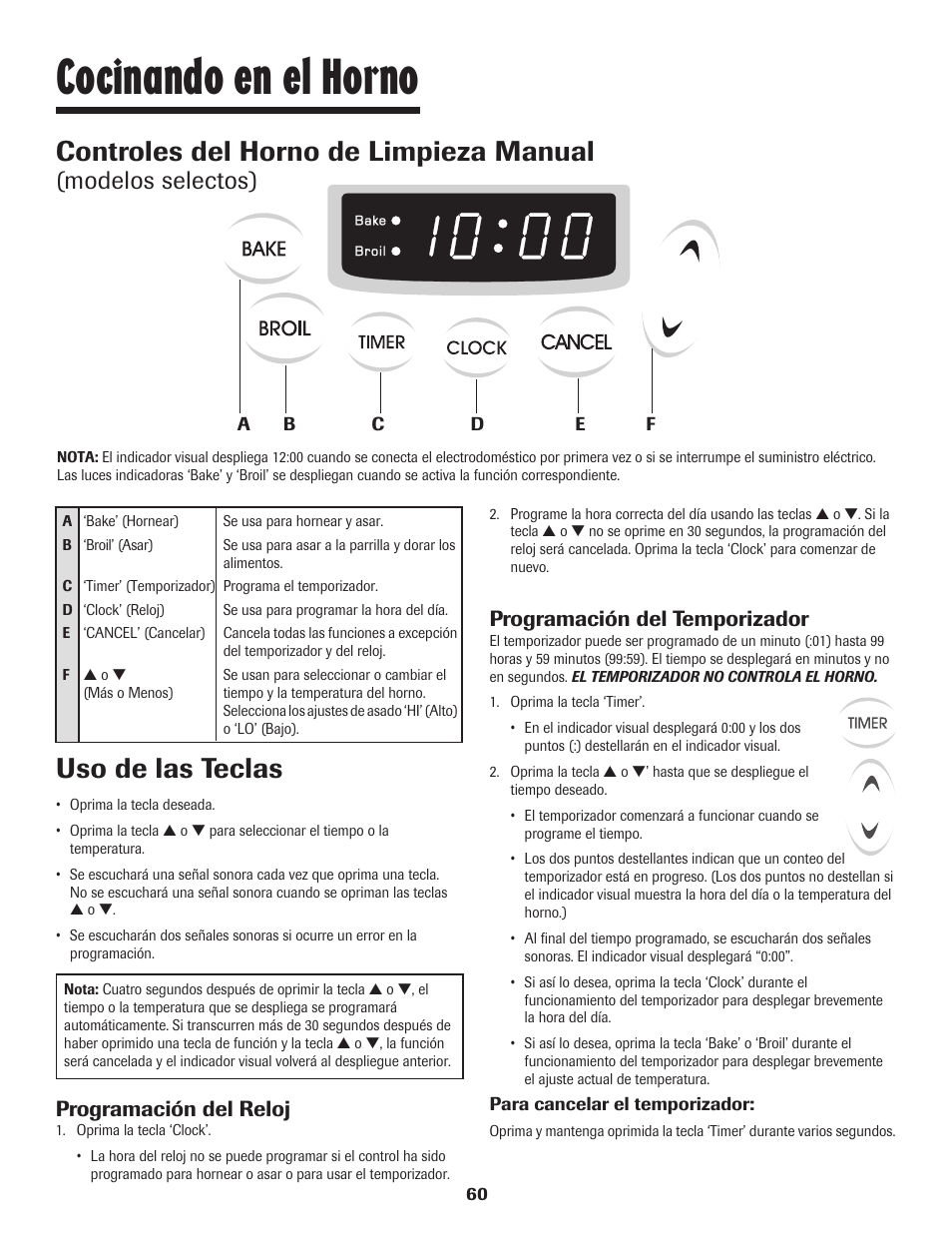 Cocinando en el horno, Controles del horno de limpieza manual, Uso de las teclas | Modelos selectos), Programación del reloj, Programación del temporizador | Maytag JW9633 User Manual | Page 61 / 80