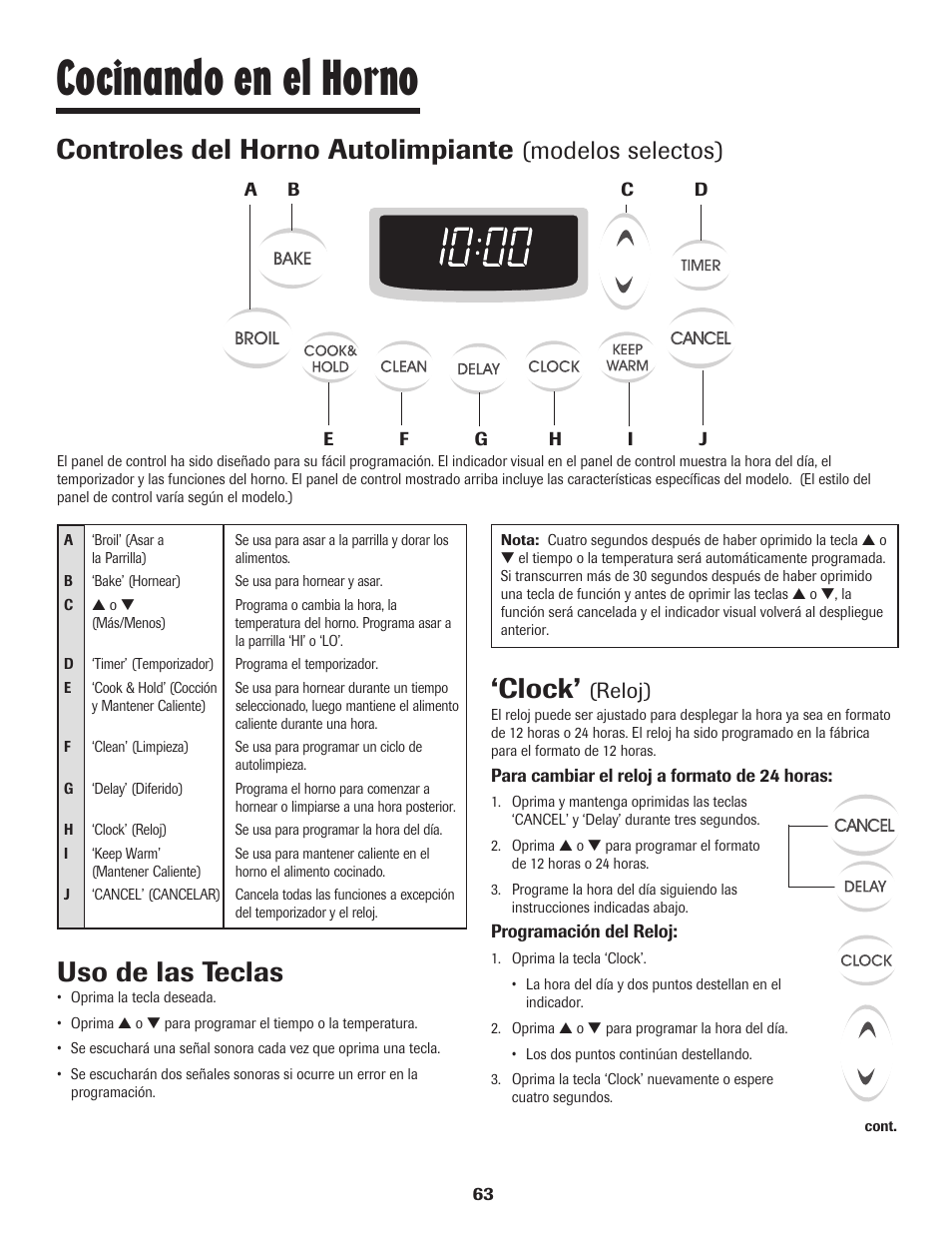 Cocinando en el horno, Controles del horno autolimpiante, Clock | Uso de las teclas, Modelos selectos), Reloj) | Maytag JW9633 User Manual | Page 64 / 80