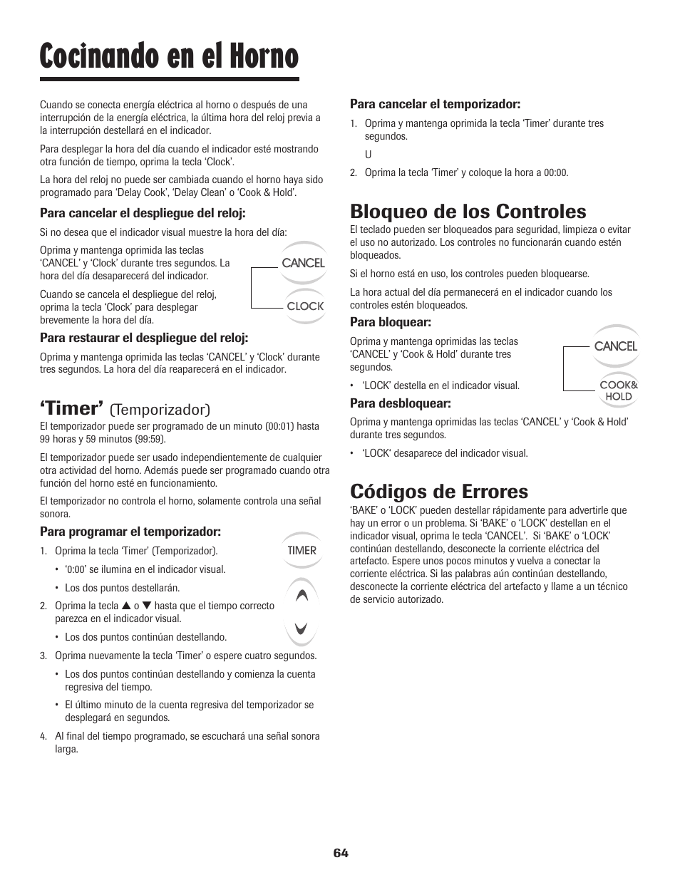 Cocinando en el horno, Timer, Bloqueo de los controles | Códigos de errores, Temporizador) | Maytag JW9633 User Manual | Page 65 / 80