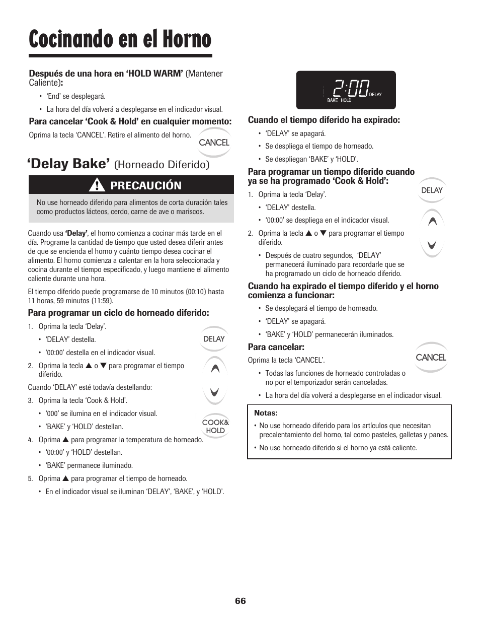 Cocinando en el horno, Delay bake, Precaución | Horneado diferido) | Maytag JW9633 User Manual | Page 67 / 80