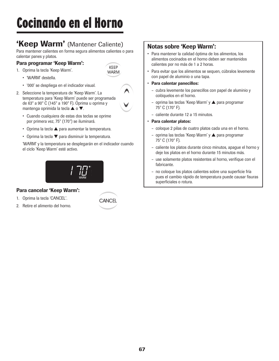 Cocinando en el horno, Keep warm, Mantener caliente) | Notas sobre ‘keep warm | Maytag JW9633 User Manual | Page 68 / 80