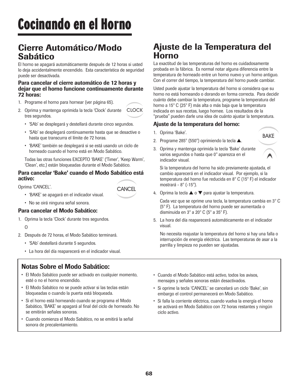 Cocinando en el horno, Cierre automático/modo sabático, Ajuste de la temperatura del horno | Notas sobre el modo sabático | Maytag JW9633 User Manual | Page 69 / 80