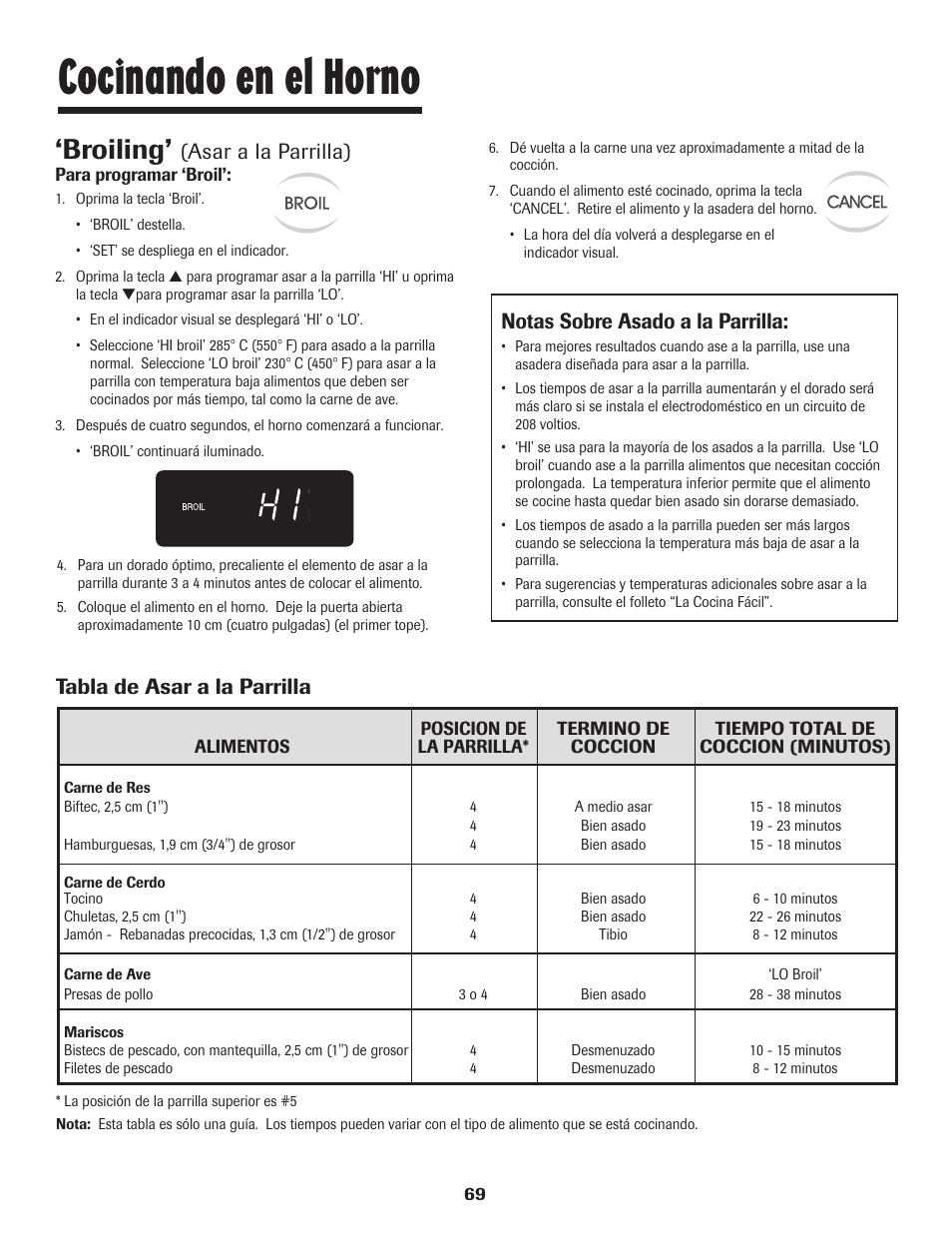 Cocinando en el horno, Broiling, Asar a la parrilla) | Notas sobre asado a la parrilla, Tabla de asar a la parrilla | Maytag JW9633 User Manual | Page 70 / 80