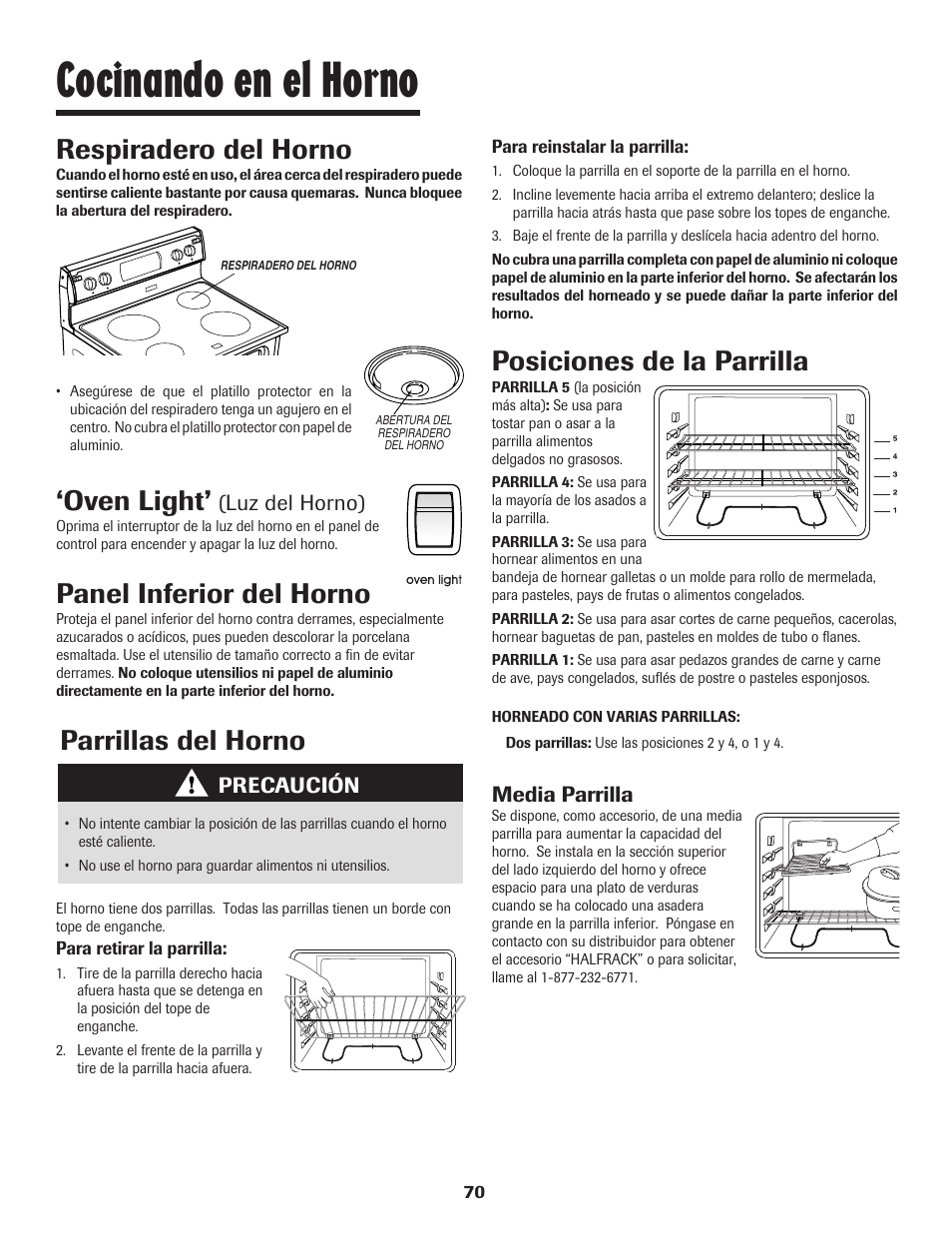 Cocinando en el horno, Panel inferior del horno, Respiradero del horno | Oven light, Parrillas del horno, Posiciones de la parrilla | Maytag JW9633 User Manual | Page 71 / 80