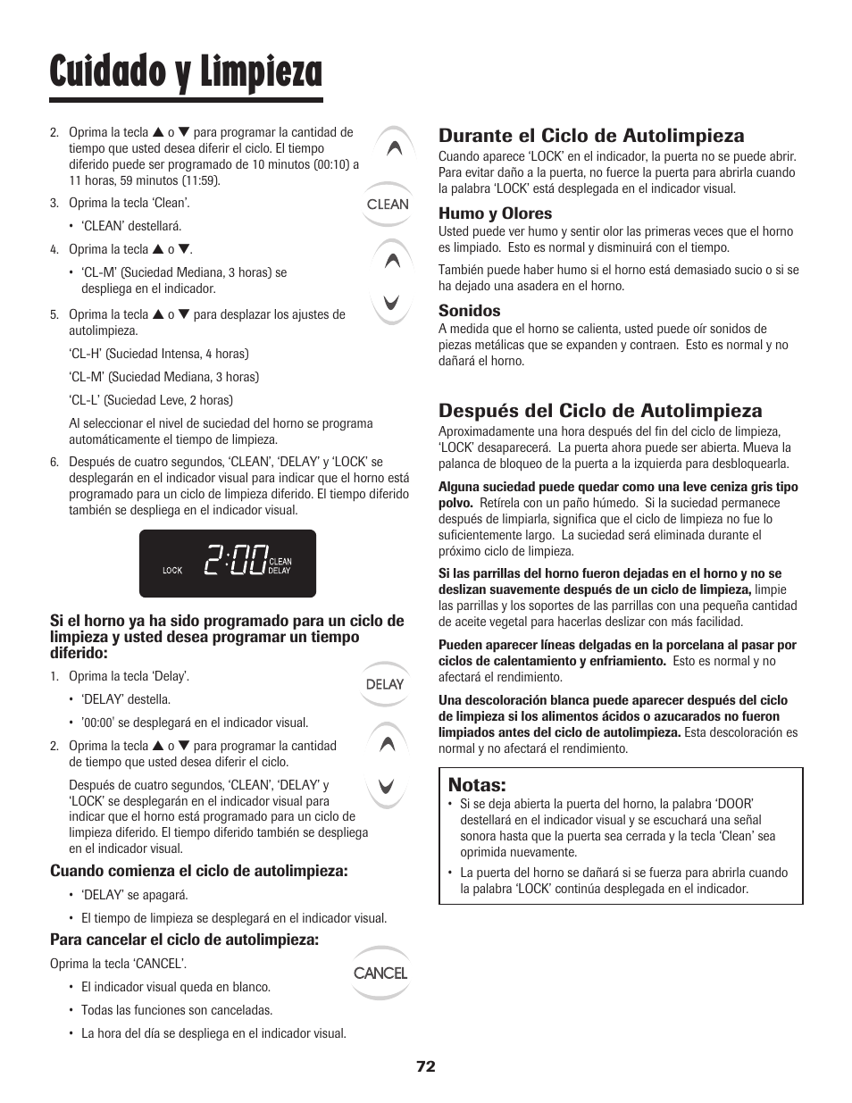 Cuidado y limpieza, Notas, Durante el ciclo de autolimpieza | Después del ciclo de autolimpieza | Maytag JW9633 User Manual | Page 73 / 80