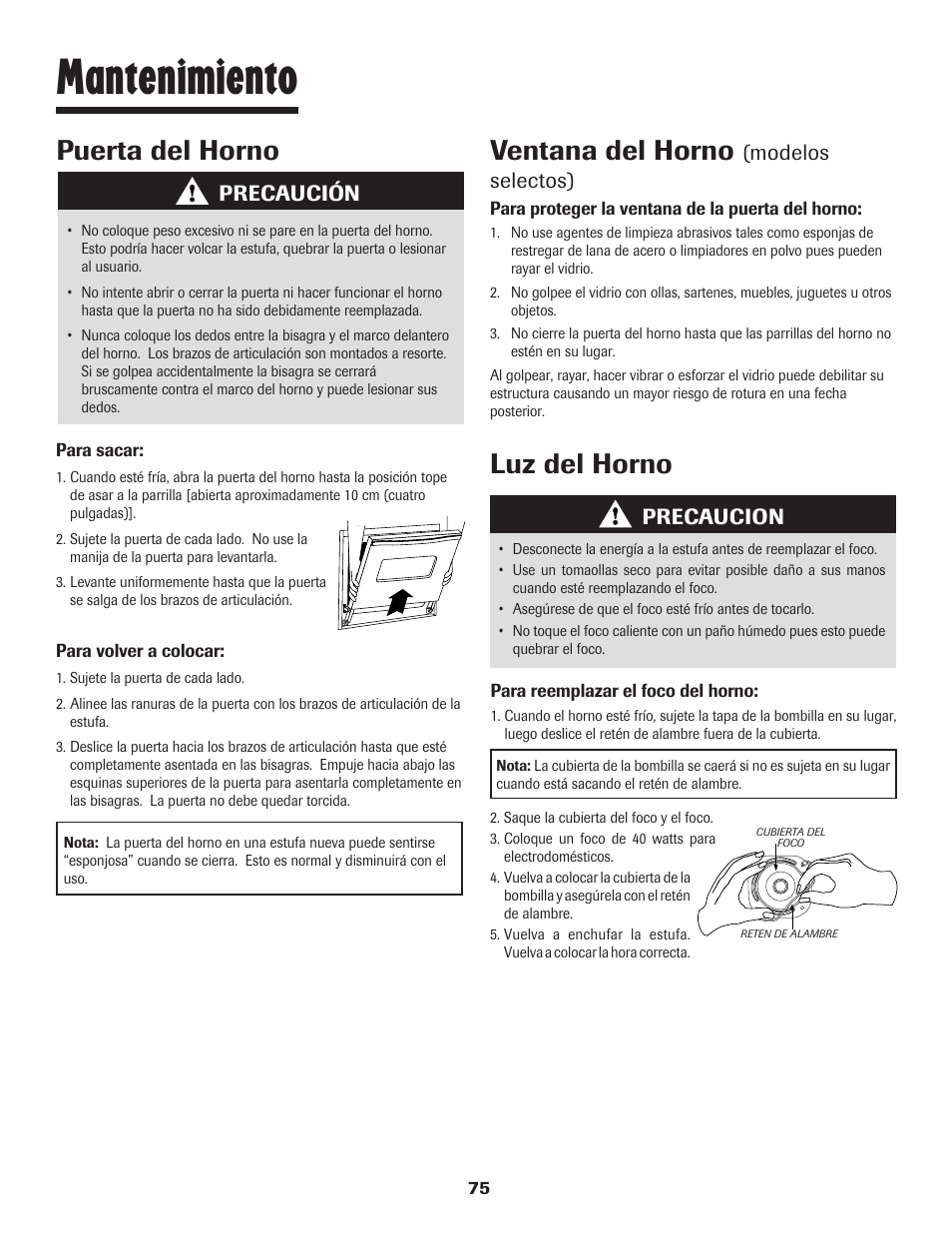 Mantenimiento, Puerta del horno, Ventana del horno | Luz del horno, Precaución, Modelos selectos), Precaucion | Maytag JW9633 User Manual | Page 76 / 80
