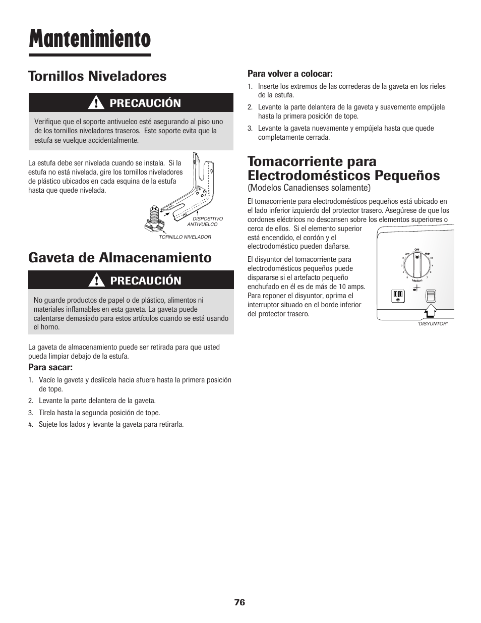 Mantenimiento, Gaveta de almacenamiento, Tomacorriente para electrodomésticos pequeños | Tornillos niveladores, Precaución | Maytag JW9633 User Manual | Page 77 / 80