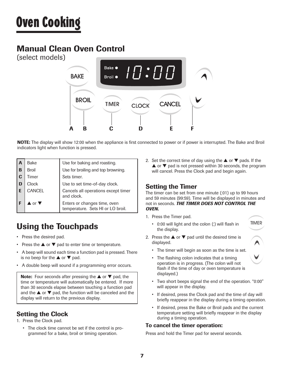 Oven cooking, Manual clean oven control, Using the touchpads | Select models), Setting the clock, Setting the timer | Maytag JW9633 User Manual | Page 8 / 80