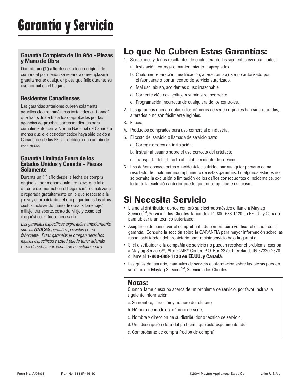 Garantía y servicio, Lo que no cubren estas garantías, Si necesita servicio | Notas | Maytag JW9633 User Manual | Page 80 / 80