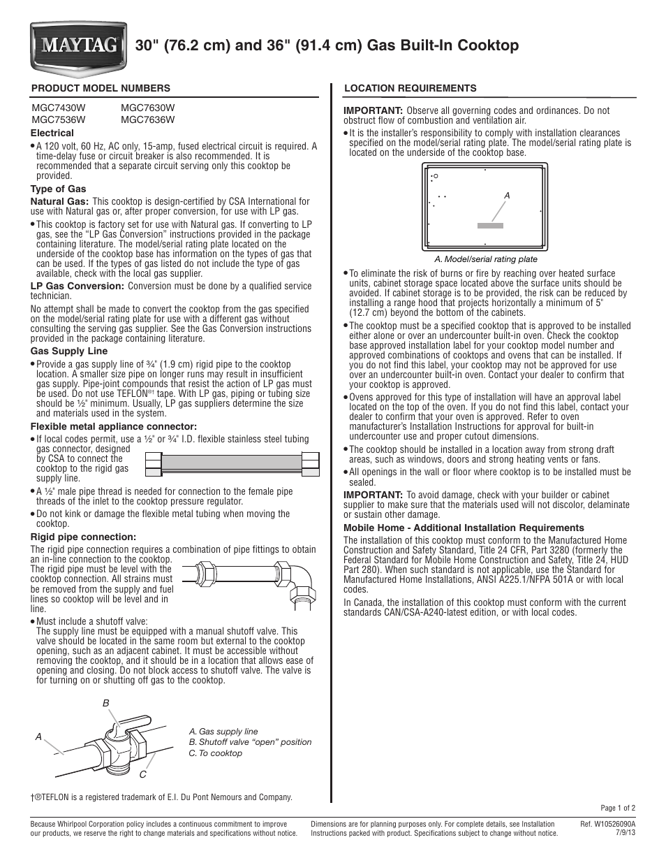 Maytag MGC7536WS Dimension Guide User Manual | 2 pages