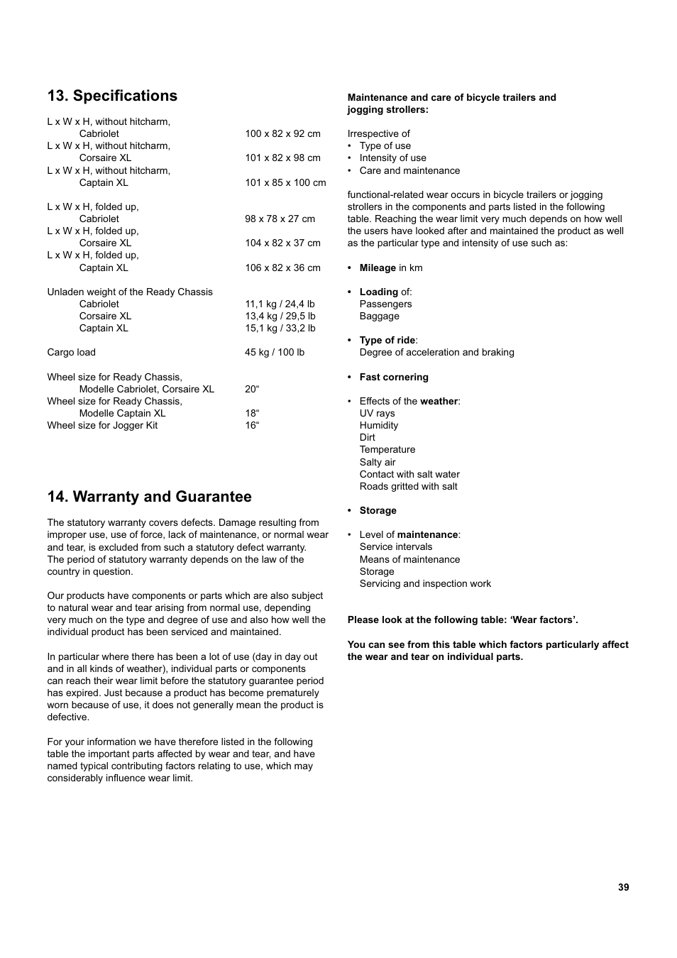 Speciﬁ cations, Warranty and guarantee | Chariot Carriers Captain XL User Manual | Page 39 / 40