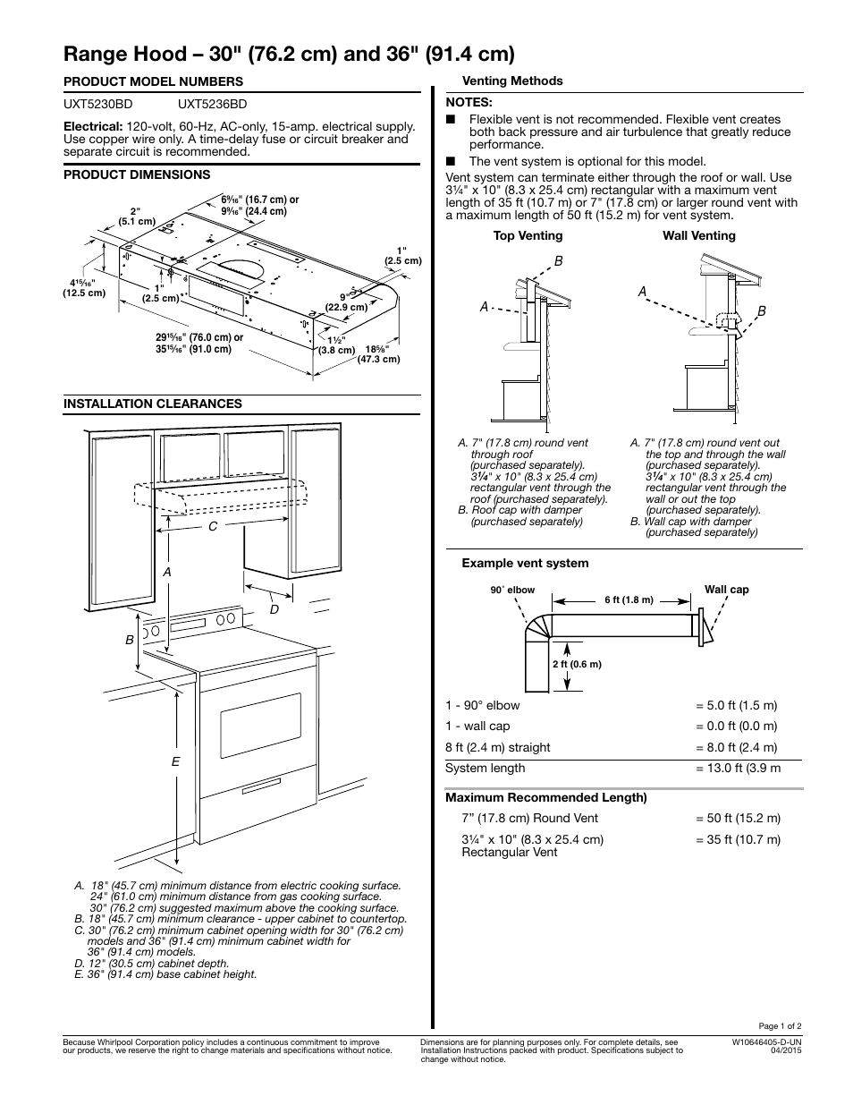 Maytag UXT5236BDS Dimension Guide User Manual | 2 pages