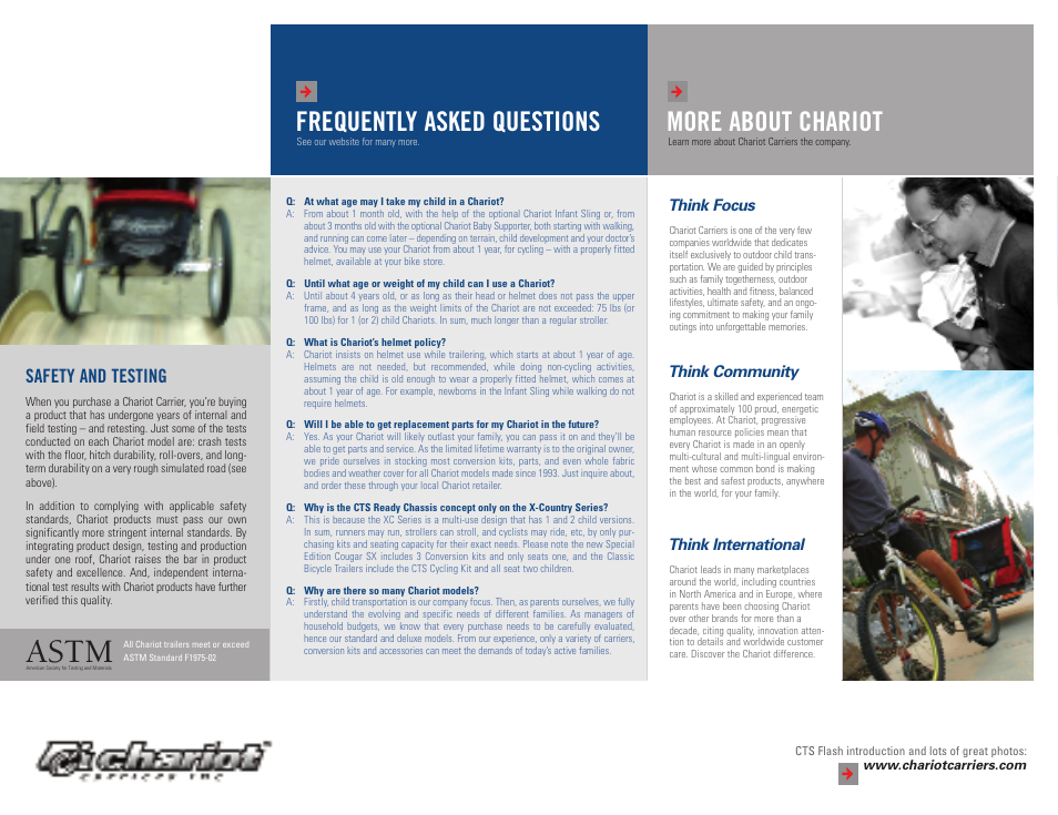 Astm, Frequently asked questions more about chariot, Safety and testing | Chariot Carriers 2004 User Manual | Page 16 / 20