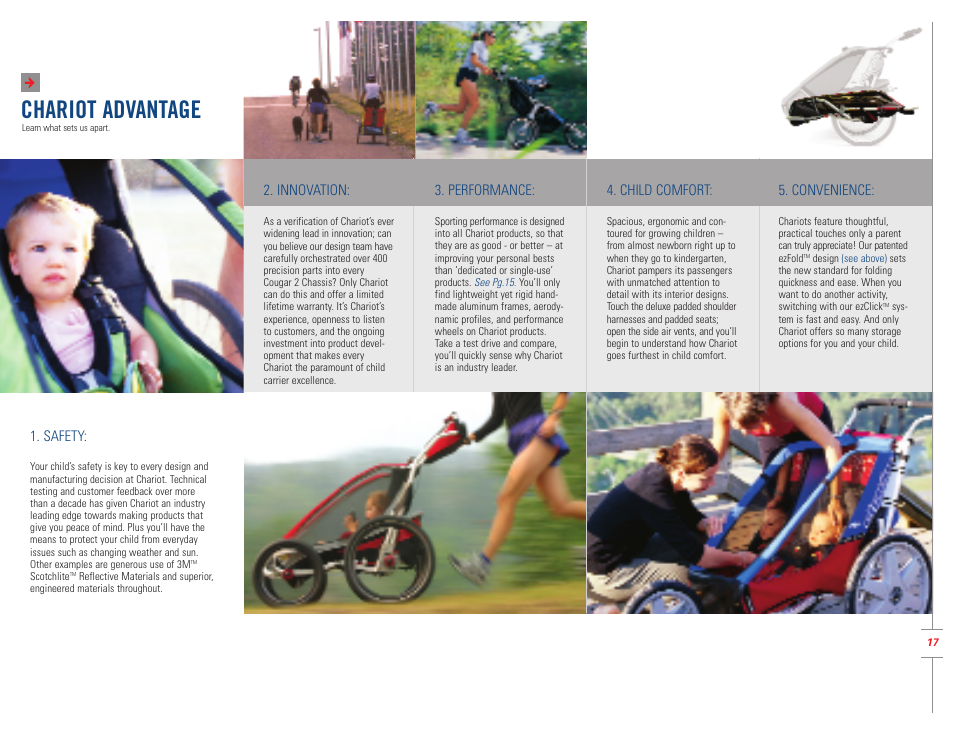 Chariot advantage, Performance, Child comfort | Convenience, Innovation, Safety | Chariot Carriers 2004 User Manual | Page 17 / 20