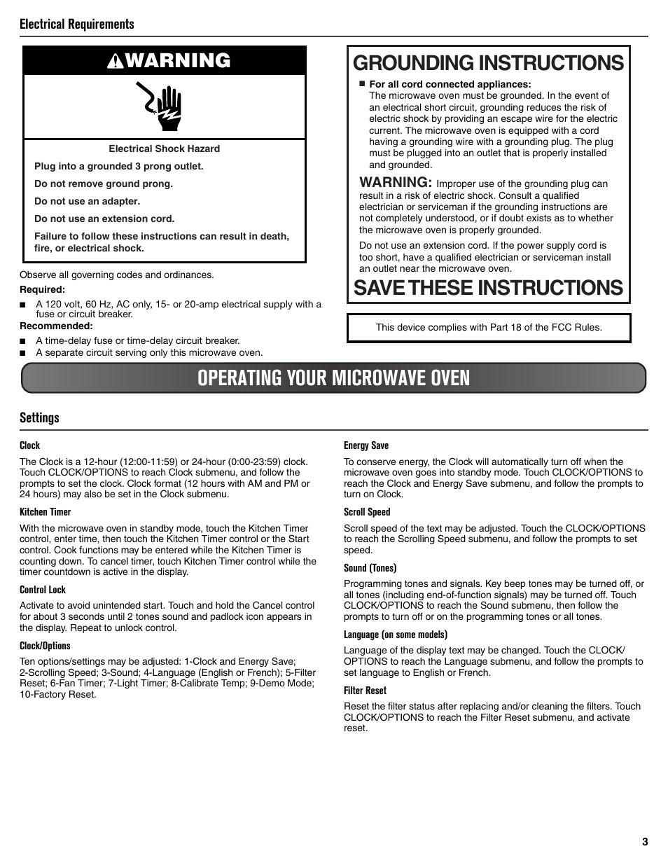 Electrical requirements, Operating your microwave oven, Settings | Grounding instructions save these instructions, Warning | Maytag MMV6190DS User Manual | Page 3 / 8