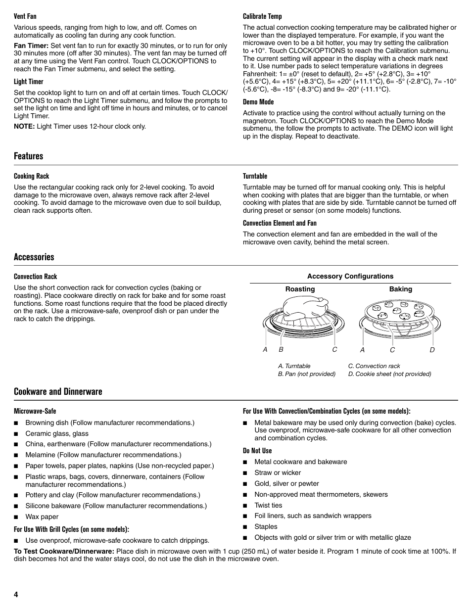 Features, Accessories, Cookware and dinnerware | Maytag MMV6190DS User Manual | Page 4 / 8