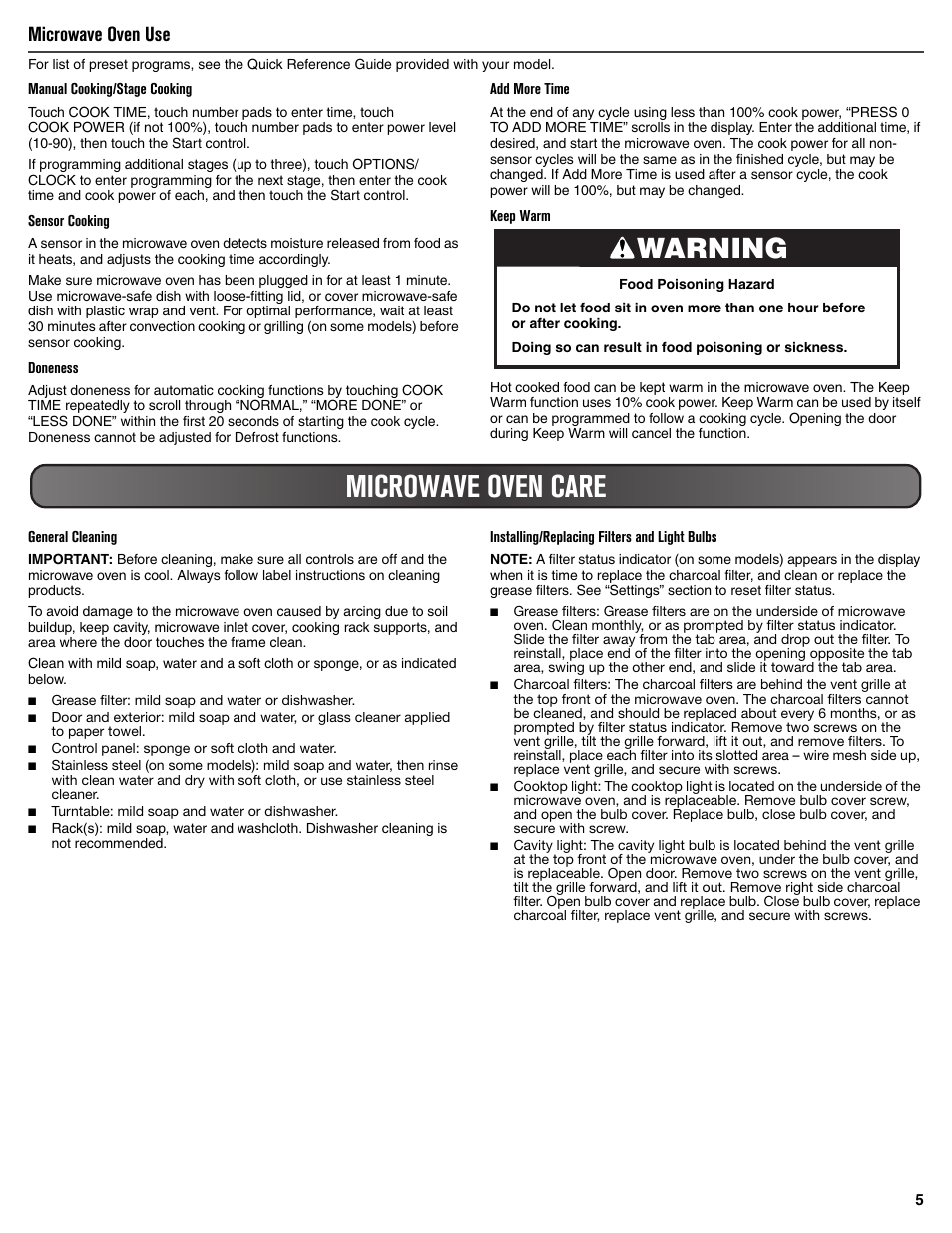 Microwave oven use, Microwave oven care, Warning | Maytag MMV6190DS User Manual | Page 5 / 8