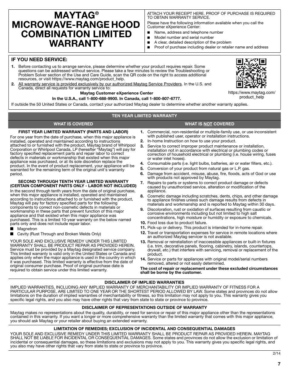 Warranty, Maytag, Microwave-range hood combination limited warranty | Maytag MMV6190DS User Manual | Page 7 / 8