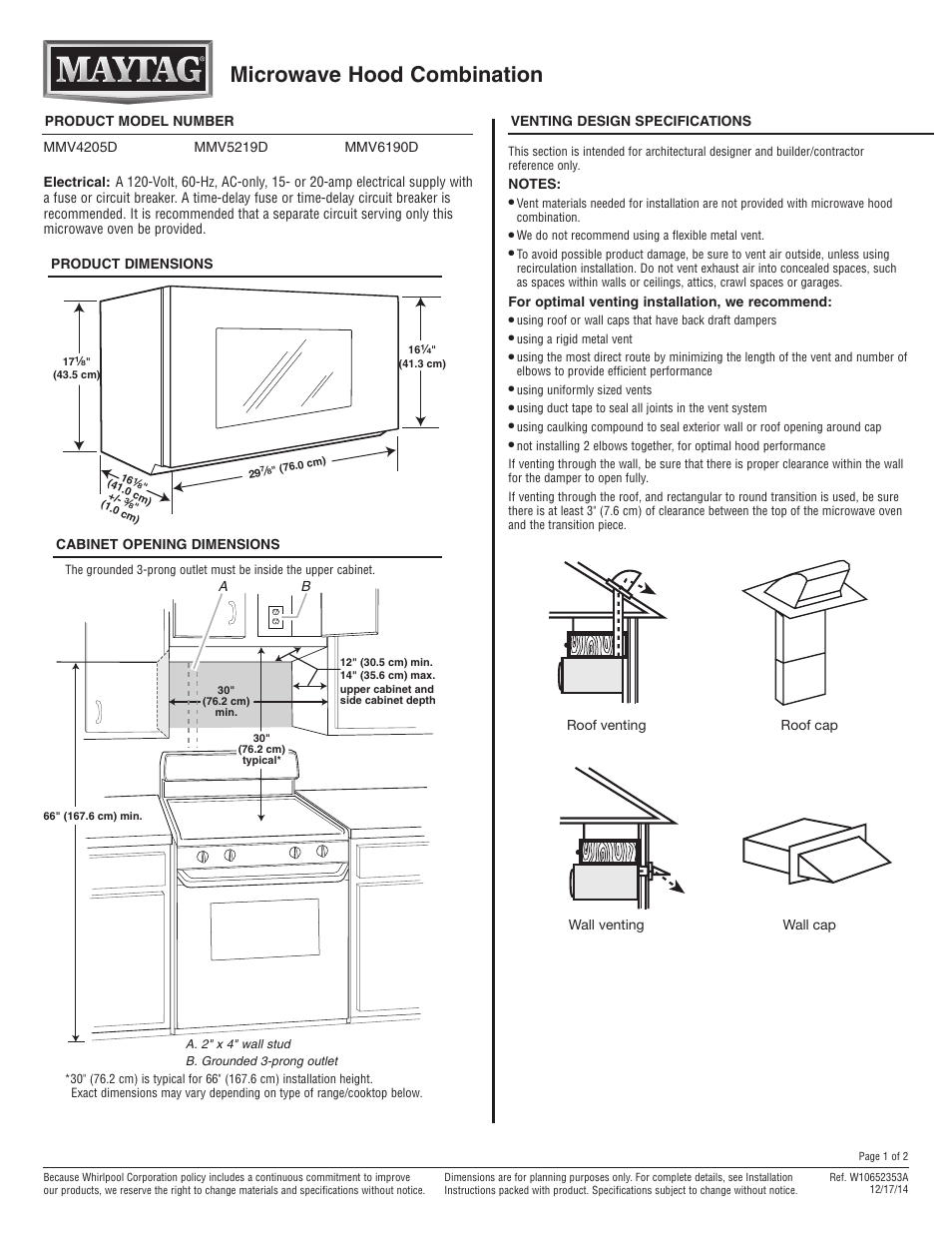 Maytag MMV6190DS Dimension Guide User Manual | 2 pages