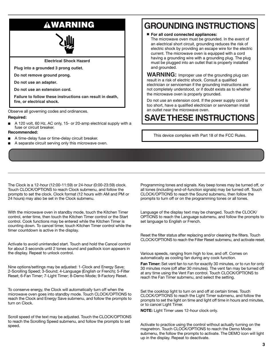 Electrical requirements, Operating your microwave oven, Settings | Grounding instructions save these instructions, Warning | Maytag MMV5219DS User Manual | Page 3 / 6