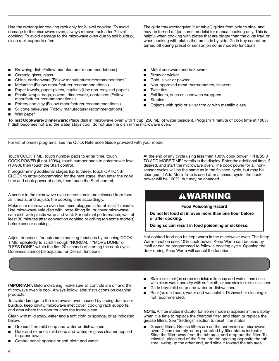 Features, Cookware and dinnerware, Microwave oven use | Microwave oven care, Warning | Maytag MMV5219DS User Manual | Page 4 / 6