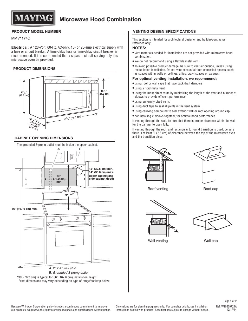 Maytag MMV1174DS Dimension Guide User Manual | 2 pages