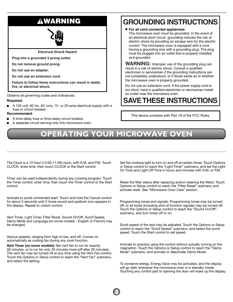 Operating your microwave oven, Grounding instructions save these instructions, Warning | Electrical requirements, Settings | Maytag AMV2175CB User Manual | Page 3 / 8