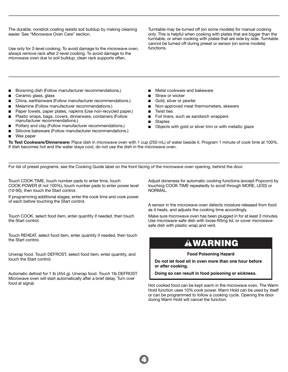 Warning, Features, Cookware and dinnerware | Microwave oven use | Maytag AMV2175CB User Manual | Page 4 / 8