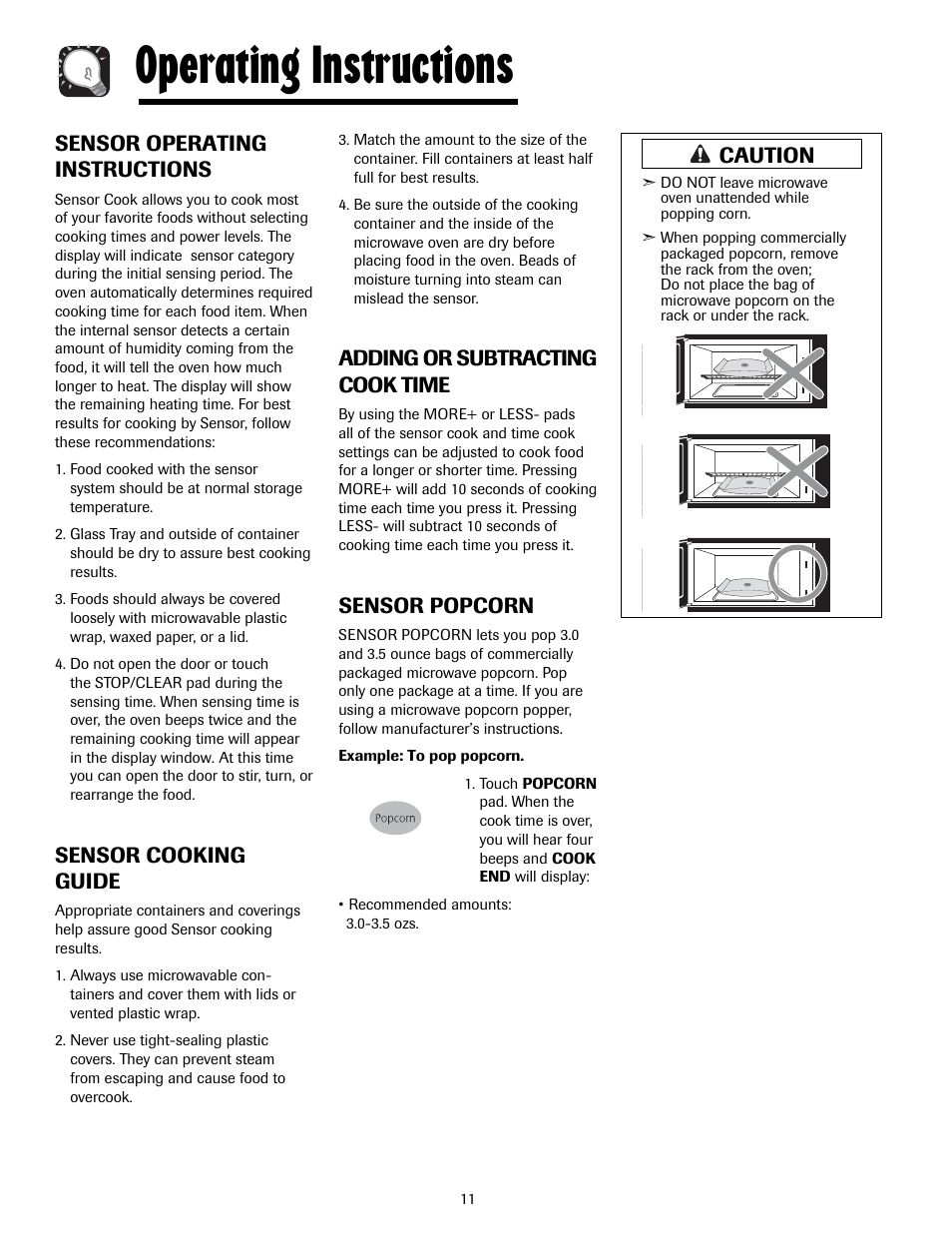 Operating instructions, Sensor operating instructions, Sensor cooking guide | Adding or subtracting cook time, Sensor popcorn, Caution | Maytag MMV5207ACQ User Manual | Page 11 / 84