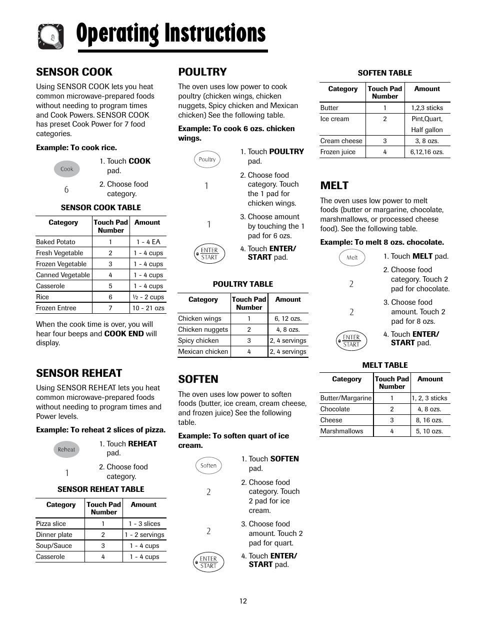Operating instructions, Melt, Sensor cook | Sensor reheat, Poultry, Soften | Maytag MMV5207ACQ User Manual | Page 12 / 84