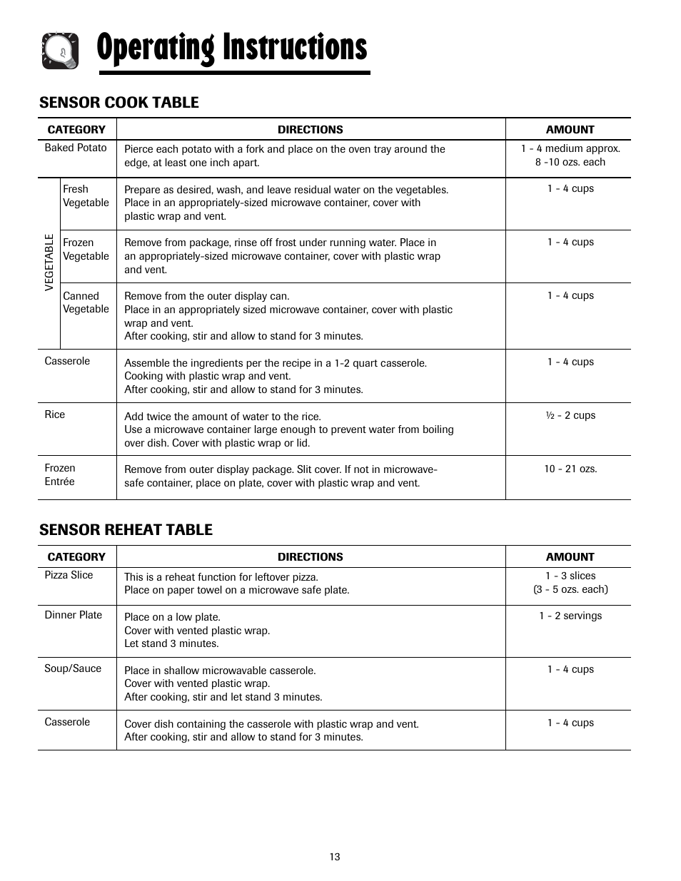 Operating instructions, Sensor cook table, Sensor reheat table | Maytag MMV5207ACQ User Manual | Page 13 / 84