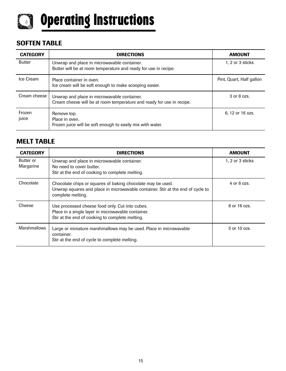 Operating instructions, Melt table, Soften table | Maytag MMV5207ACQ User Manual | Page 15 / 84