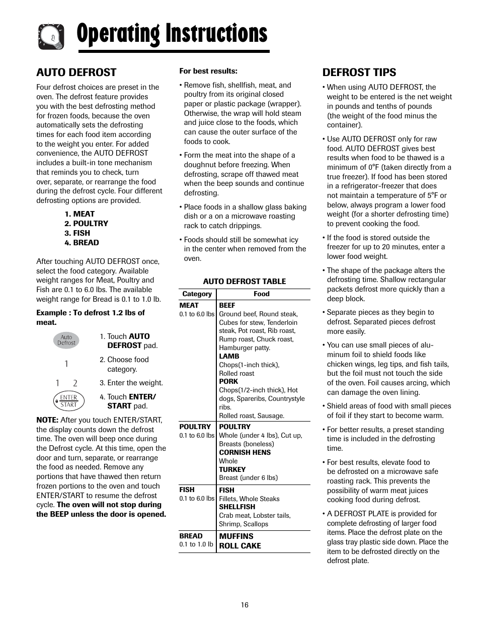 Operating instructions, Auto defrost, Defrost tips | Maytag MMV5207ACQ User Manual | Page 16 / 84