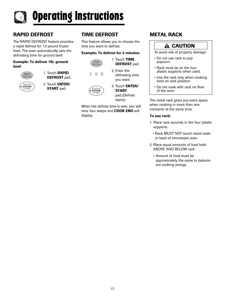 Operating instructions, Rapid defrost, Time defrost | Metal rack, Caution | Maytag MMV5207ACQ User Manual | Page 17 / 84
