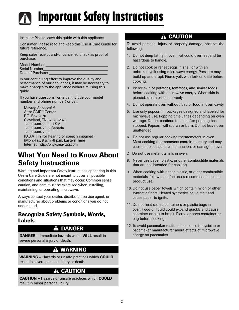 Important safety instructions, What you need to know about safety instructions, Recognize safety symbols, words, labels | Danger warning caution caution | Maytag MMV5207ACQ User Manual | Page 2 / 84