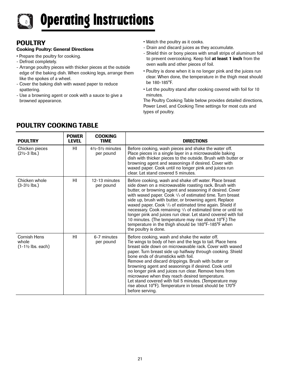 Operating instructions, Poultry, Poultry cooking table | Maytag MMV5207ACQ User Manual | Page 21 / 84