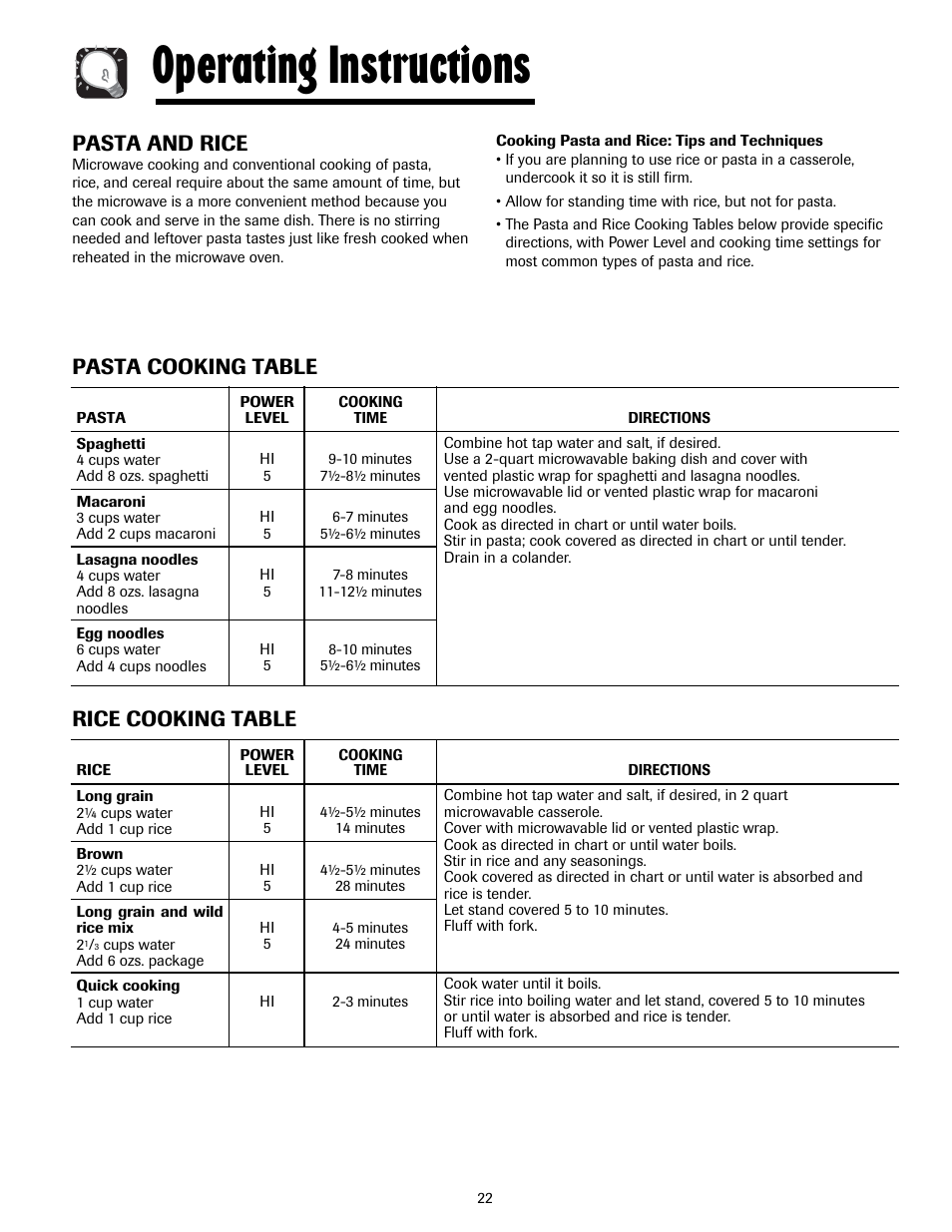 Operating instructions, Pasta and rice, Pasta cooking table | Rice cooking table | Maytag MMV5207ACQ User Manual | Page 22 / 84