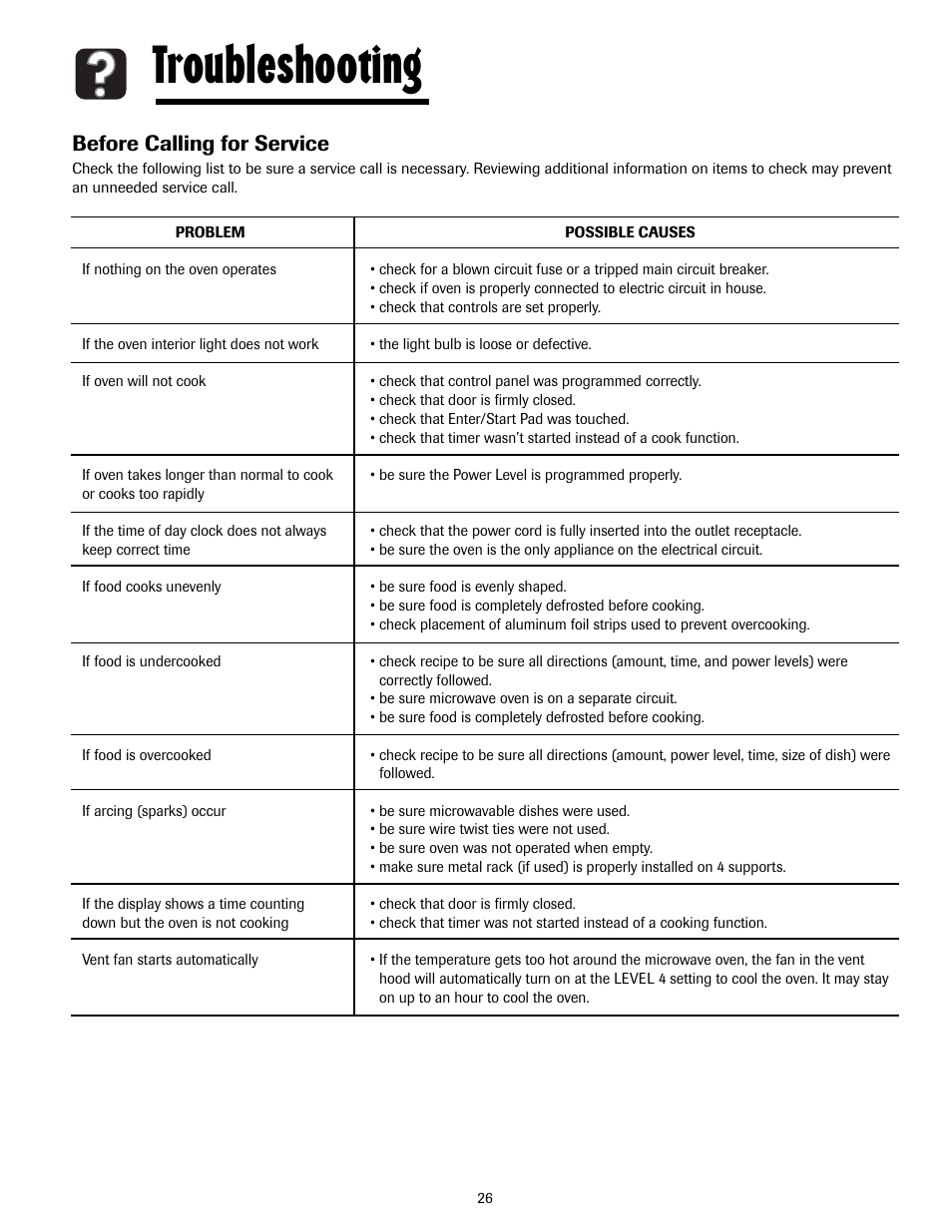 Troubleshooting, Before calling for service | Maytag MMV5207ACQ User Manual | Page 26 / 84