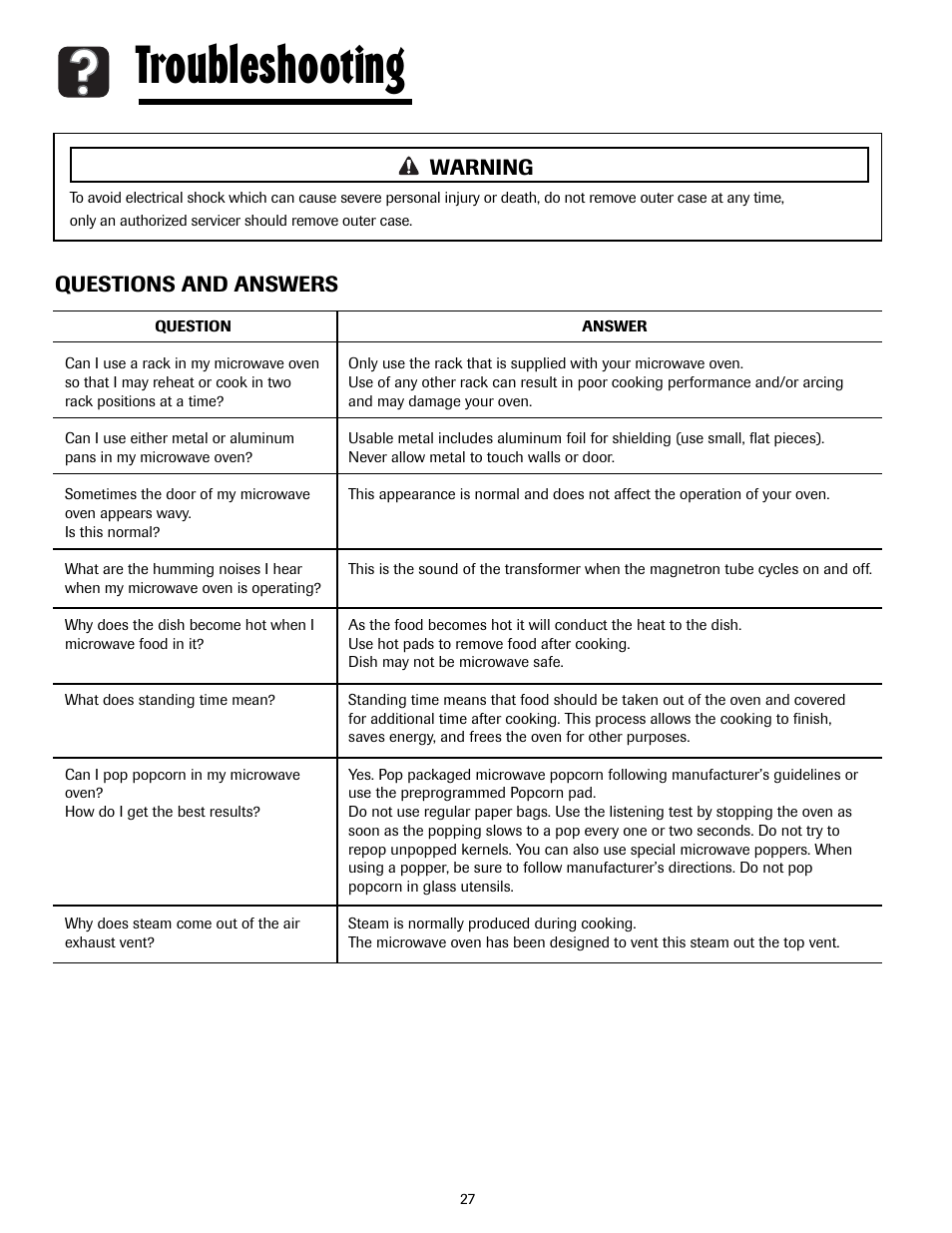 Troubleshooting, Questions and answers warning | Maytag MMV5207ACQ User Manual | Page 27 / 84