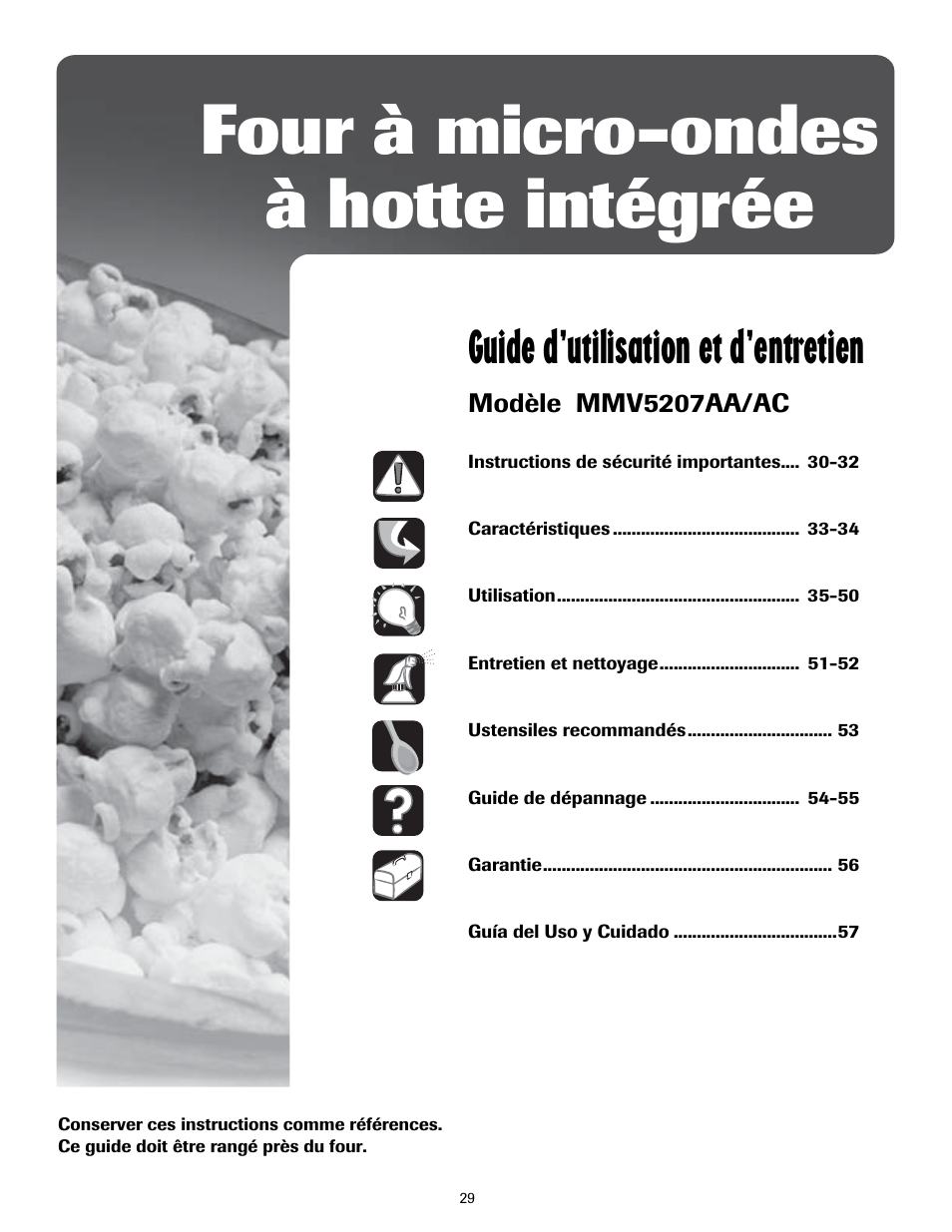 Four à micro-ondes à hotte intégrée, Guide d’utilisation et d’entretien | Maytag MMV5207ACQ User Manual | Page 29 / 84