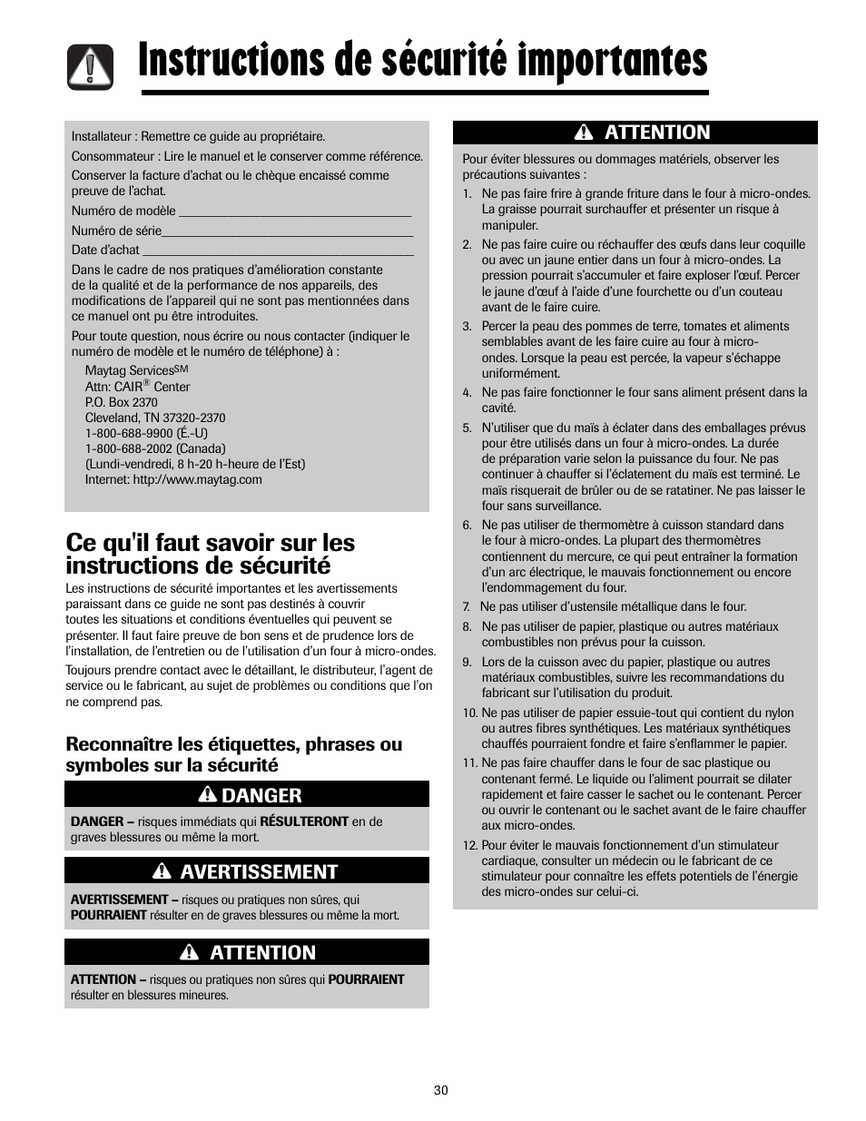 Instructions de sécurité importantes, Avertissement, Danger attention | Attention | Maytag MMV5207ACQ User Manual | Page 30 / 84