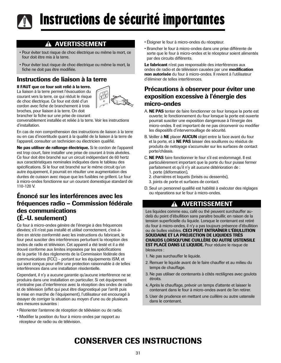 Instructions de sécurité importantes, Conserver ces instructions, Instructions de liaison à la terre | Avertissement | Maytag MMV5207ACQ User Manual | Page 31 / 84