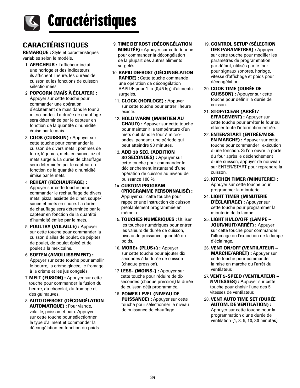 Caractéristiques | Maytag MMV5207ACQ User Manual | Page 34 / 84
