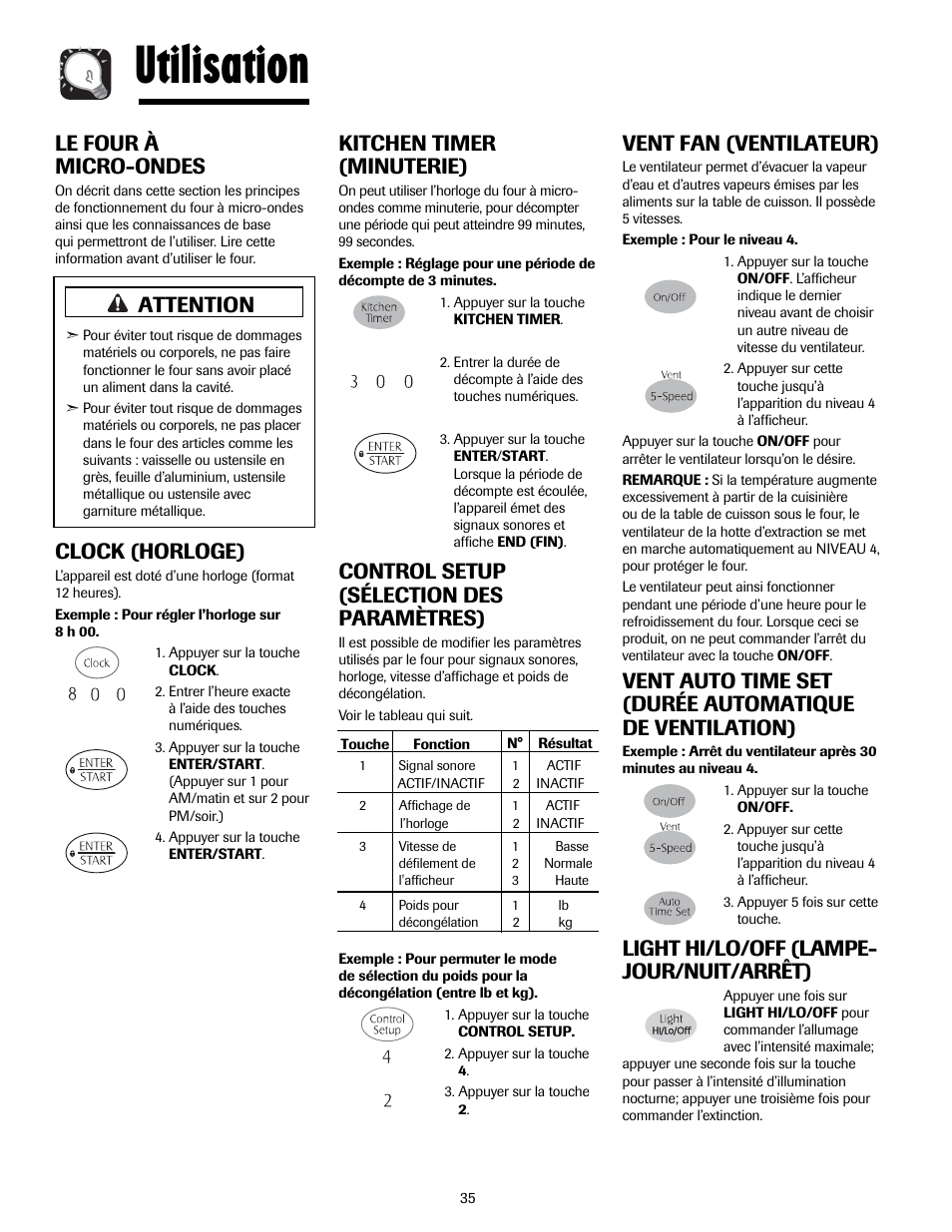 Utilisation, Kitchen timer (minuterie), Control setup (sélection des paramètres) | Le four à micro-ondes, Clock (horloge), Vent fan (ventilateur), Light hi/lo/off (lampe- jour/nuit/arrêt), Attention | Maytag MMV5207ACQ User Manual | Page 35 / 84
