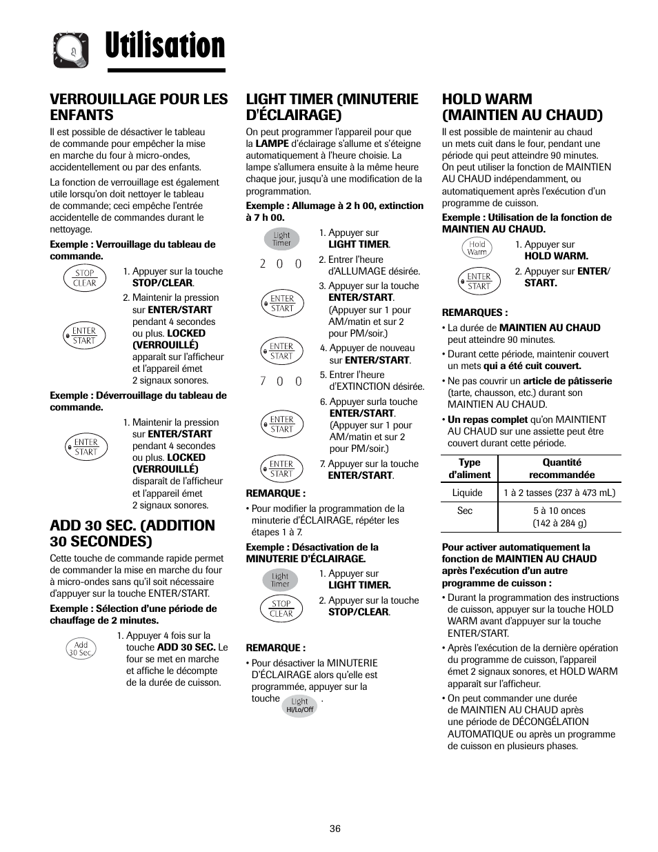 Utilisation, Hold warm (maintien au chaud), Light timer (minuterie d'éclairage) | Verrouillage pour les enfants, Add 30 sec. (addition 30 secondes) | Maytag MMV5207ACQ User Manual | Page 36 / 84