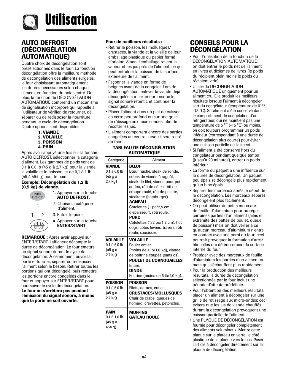 Utilisation, Auto defrost (décongélation automatique), Conseils pour la décongélation | Maytag MMV5207ACQ User Manual | Page 44 / 84